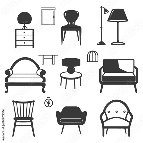 Various pieces of stylized furniture are arranged in simple illustrations