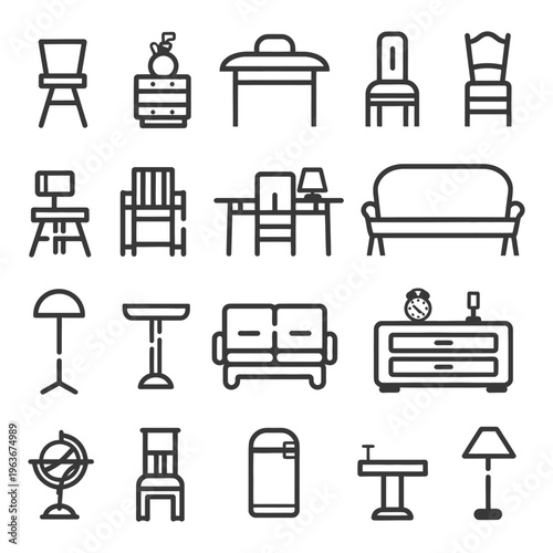 Simple line art illustrating various home and office furniture pieces