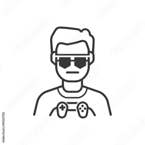 A simple line drawing of a person wearing sunglasses and a controller