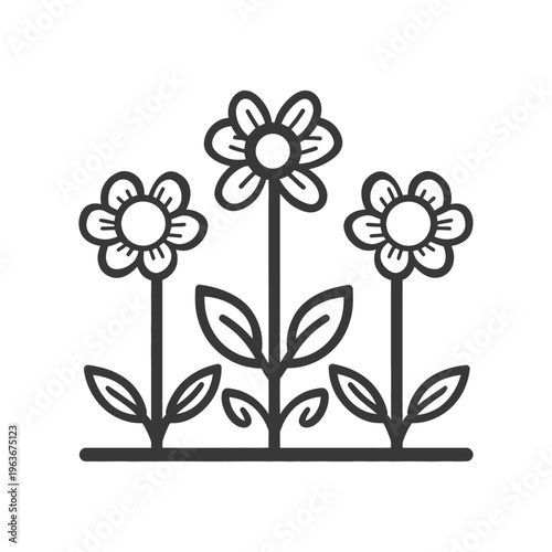 Three stylized flowers with leaves and stems appear together in rows