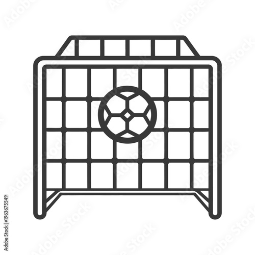 A soccer ball inside a goalpost with netting shown graphically