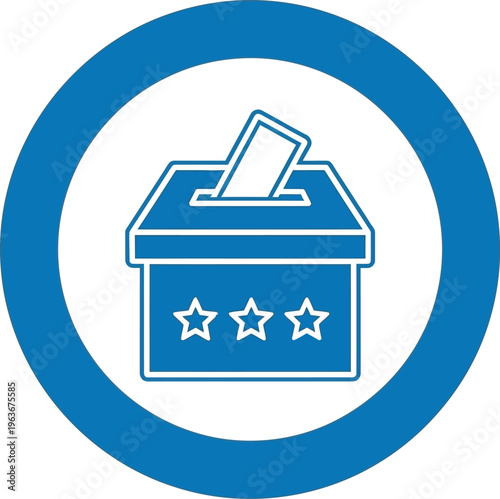 Ballot box illustration with stars indicates a voting process inside a blue circular frame.
