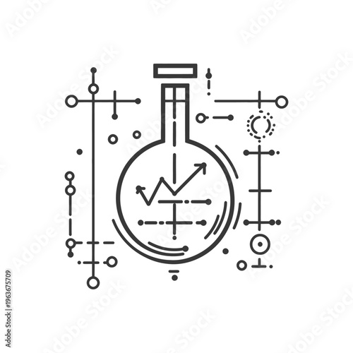 A lab flask with data analysis and graphical representations