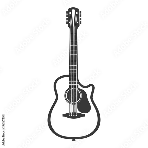A black and white image displaying a stringed acoustic guitar instrument