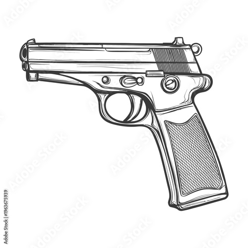 A detailed black and white drawing depicting a handgun weapon