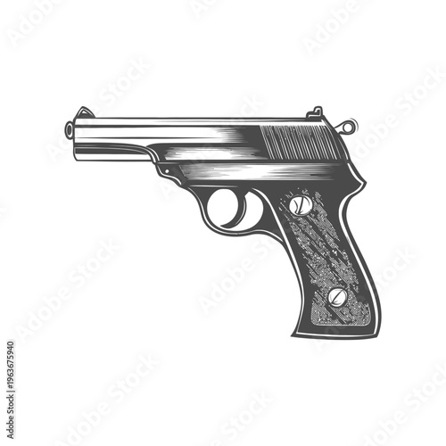 A grayscale illustration showing a detailed handgun weapon drawing