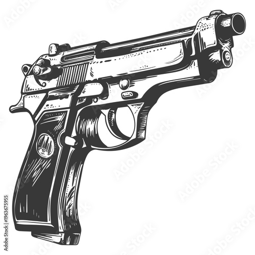 A Detailed Monochrome Illustration Depicting a Handgun Weapon