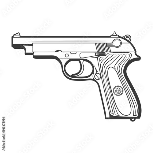 A grayscale image of a handgun displayed on white background