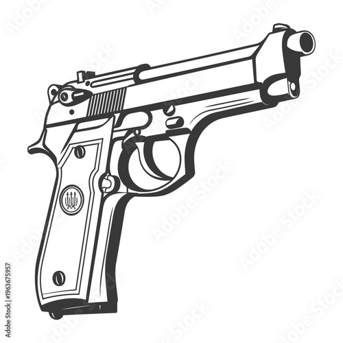 A detailed outline image of a semi automatic handgun weapon