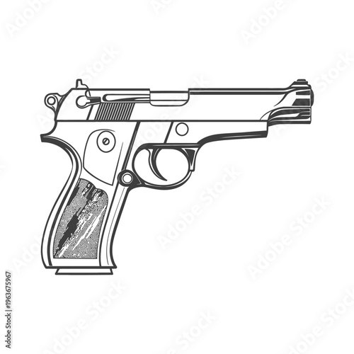 A Detailed Black and White Illustration Depicting a Handgun Pistol