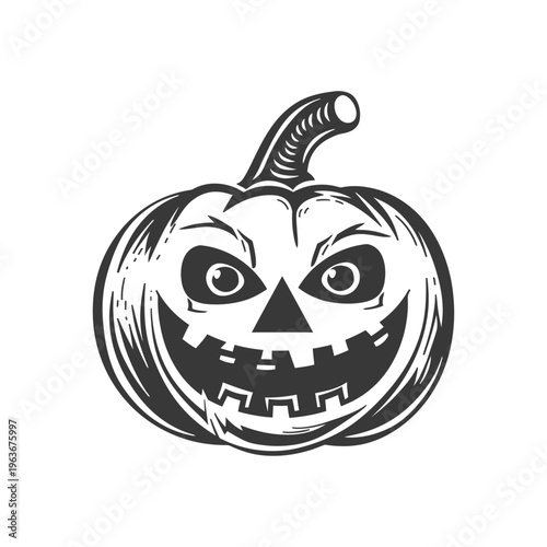 A black and white illustration of a grinning pumpkin face