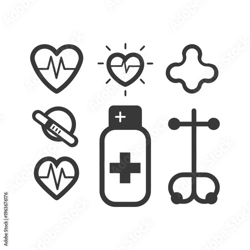 Graphic representations of medical symbols and healthcare related items