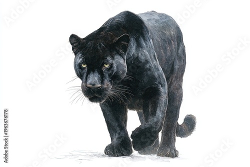 An elegant black panther, stealthily advancing, with an intense gaze, is depicted in a photorealistic portrait. The image conveys the power and grace of this magnificent creature.