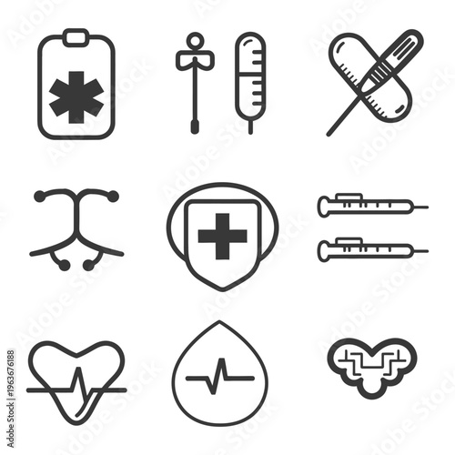 Medical icons represent healthcare and medical concepts in simple line drawings