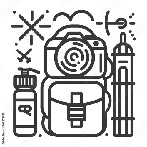 Travel photography essentials including camera backpack and landmarks