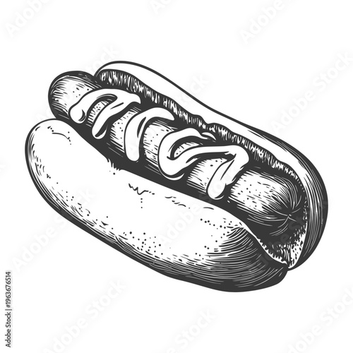 A detailed monochrome drawing of a hotdog with toppings