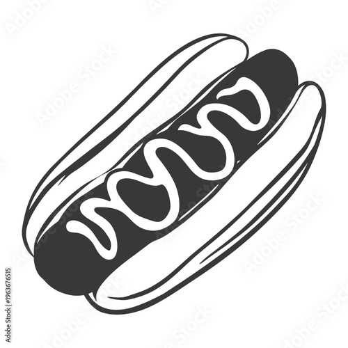 A graphic depiction of a hotdog with toppings in a bun