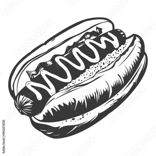 A detailed monochrome image of a prepared hot dog sandwich