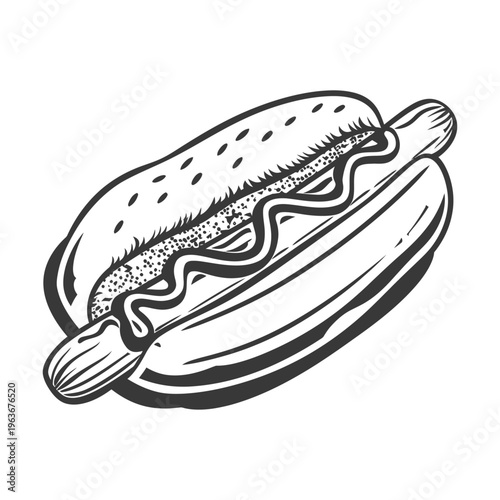 A grayscale drawing of a hot dog with condiments