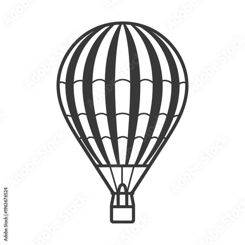 Black and white illustration depicts a hot air balloon in flight