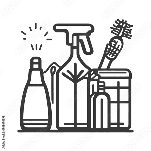 A graphic illustration of various cleaning supplies and tools