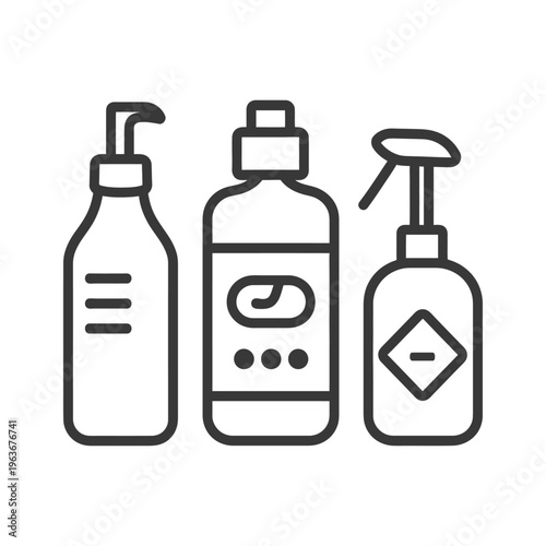 Three containers for liquid substances are displayed with outlines