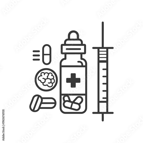 A simple illustration showing medical supplies and medication options
