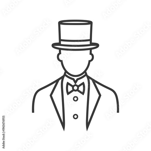 A formal person wearing a tuxedo and a tall hat is depicted