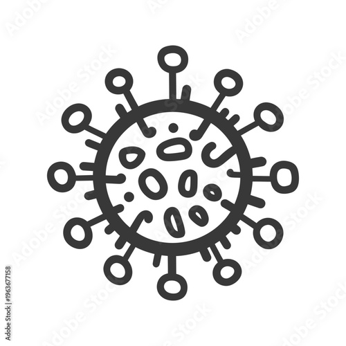 A detailed black and white illustration of a round virus particle