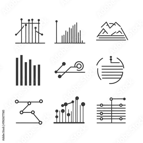 Various stylized graphical icons representing data visualization and analysis