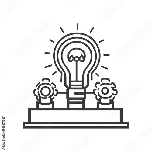 An illuminated lightbulb is connected to mechanical gear wheels on a platform