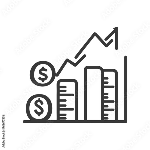 Financial growth is depicted with rising bars and currency symbols