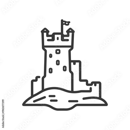 A simple black and white line drawing of a castle structure
