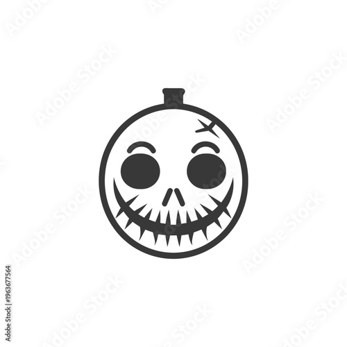 A stylized grinning pumpkin head graphic in a circular form