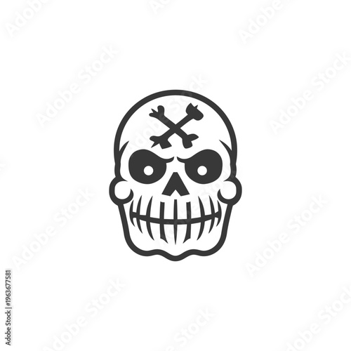 A black and white cartoon skull with crossed bones on its head