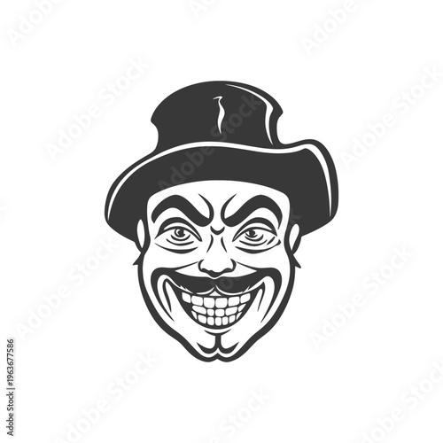 A grinning face wearing a hat with a sinister and evil expression