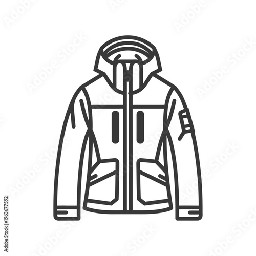 Detailed line drawing depicts a waterproof outdoor winter jacket