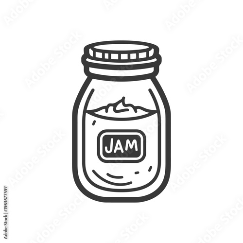 A sealed jar of preserved fruit jam with a simple illustration