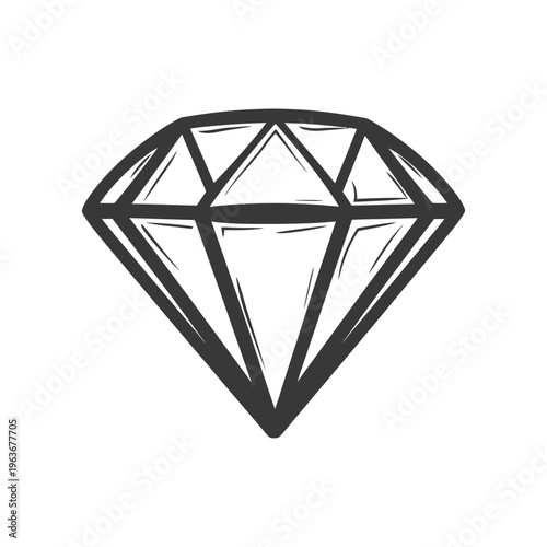 Black and white graphic illustration depicting a dazzling gemstone diamond