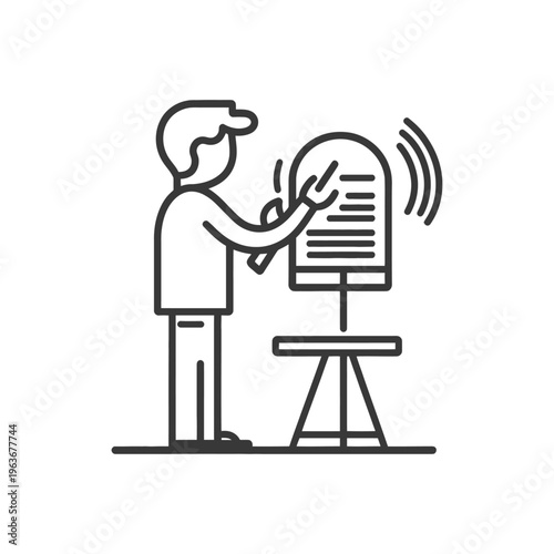 A person standing beside a microphone with sound waves