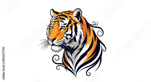 Illustration of a tiger's head with decorative swirls.