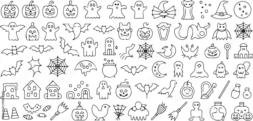 Fototapeta premium Halloween icons, black and white illustrations, 40 spooky symbols, vector graphics