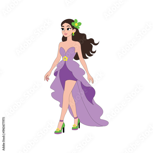 A cartoon illustration of a woman wearing a purple dress and green high heels with a green bow in her hair. 