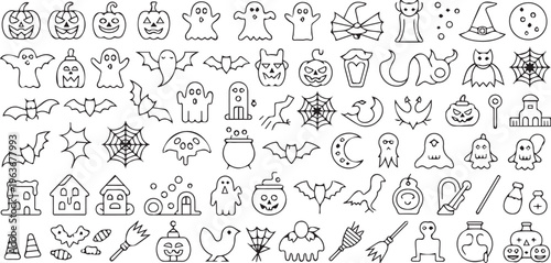 Halloween icons, black and white illustrations, 40 spooky symbols, vector graphics