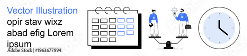Time management, scheduling, teamwork, work-life balance, productivity, equality. Calendar, clock and people on scales. Time management and scheduling concept