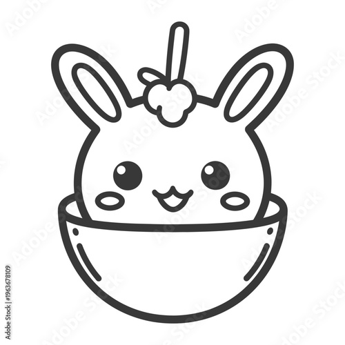 An adorable rabbit character sitting inside a simple bowl shape