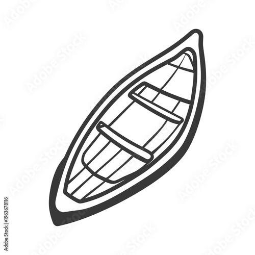A simple black and white line drawing of a canoe boat