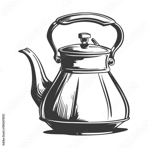 A vintage illustration of a metal kettle used for boiling water