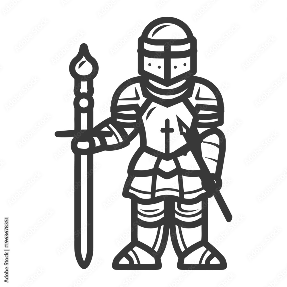 Obraz premium A standing illustration depicts a knight in full armor holding weapons