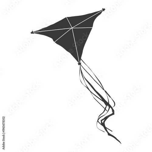 A dark silhouette of a kite against a white background